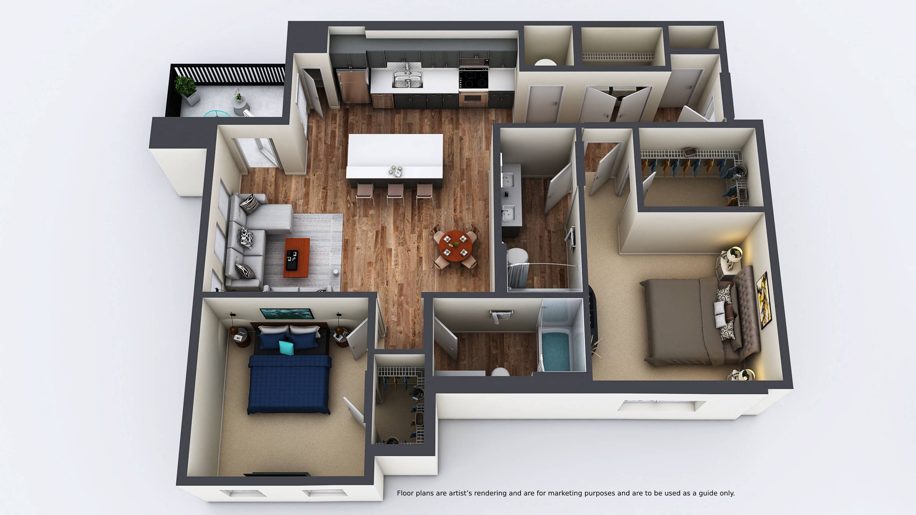 Floor plan for 2 beds, 2 baths, 1099 sqft